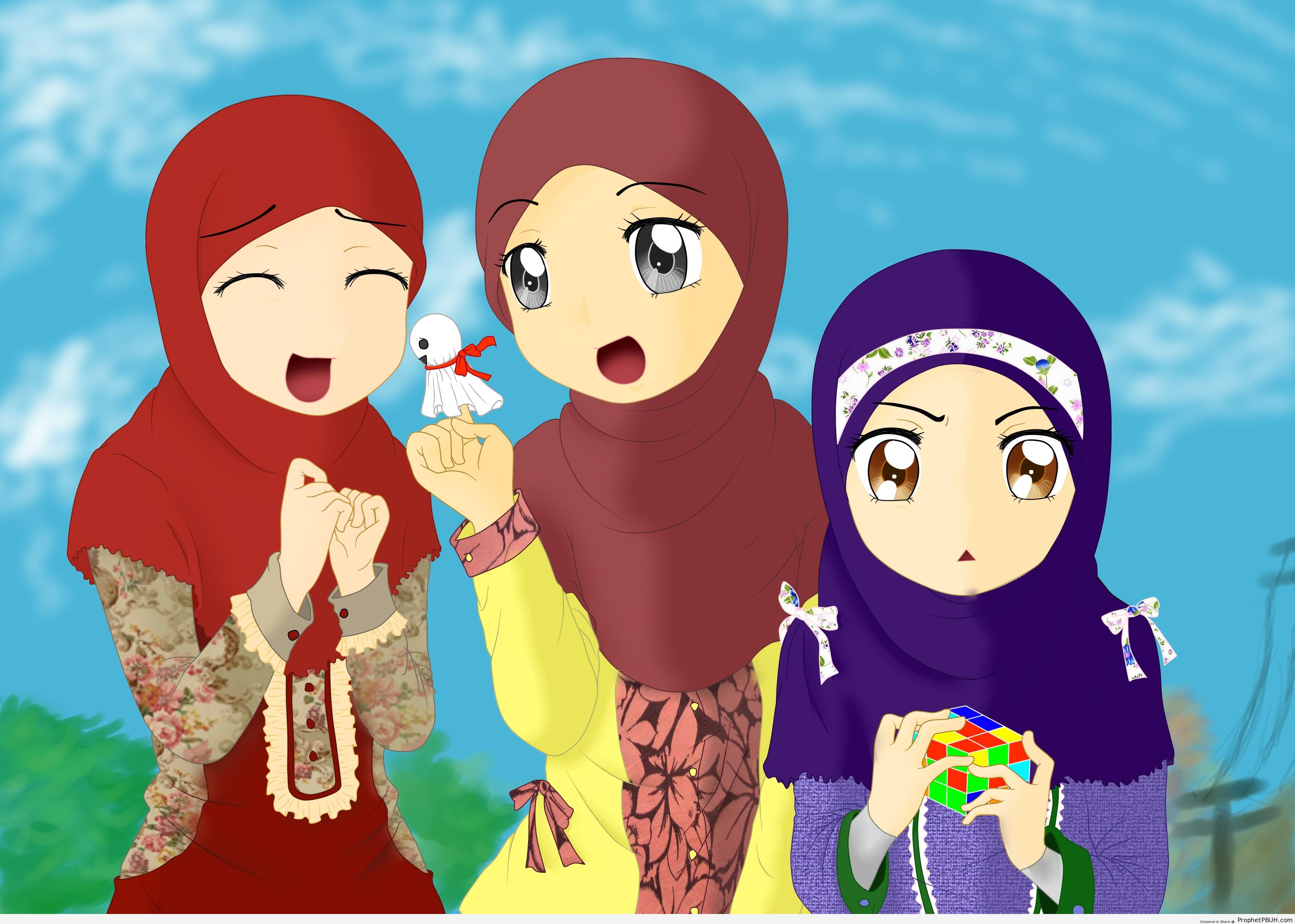 Three Muslim Girls (Manga & Anime Style Drawing) - Drawings of Female Muslims (Muslimahs & Hijab Drawings) 