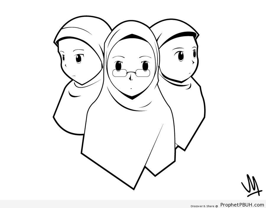 Three Muslim Women (Line Drawing) - Drawings 