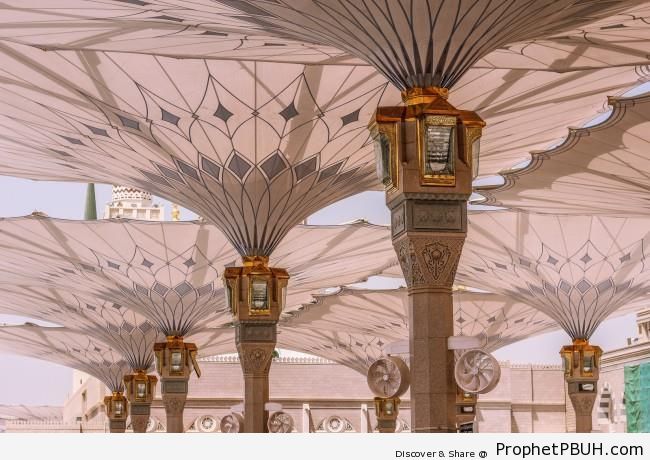 Umbrellas at the Prophet-s Mosque (al-Masjid an-Nabawi), Madinah, Saudi Arabia - Al-Masjid an-Nabawi (The Prophets Mosque) in Madinah, Saudi Arabia
