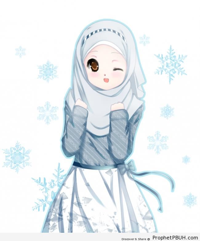 Winking Anime Girl in Hijab, Blouse and Skirt - Drawings