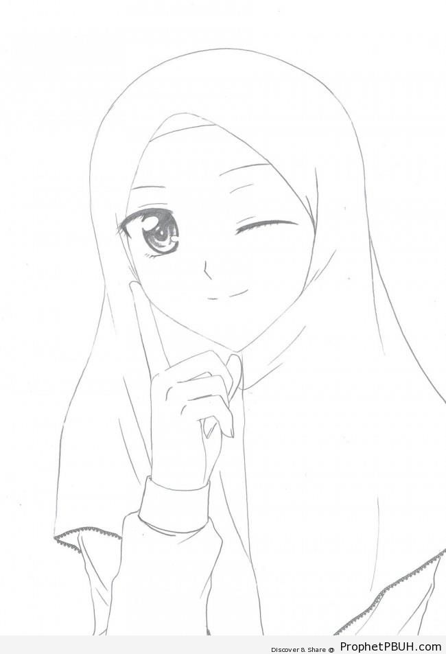 Winking Anime Muslim Girl Line Art - Drawings