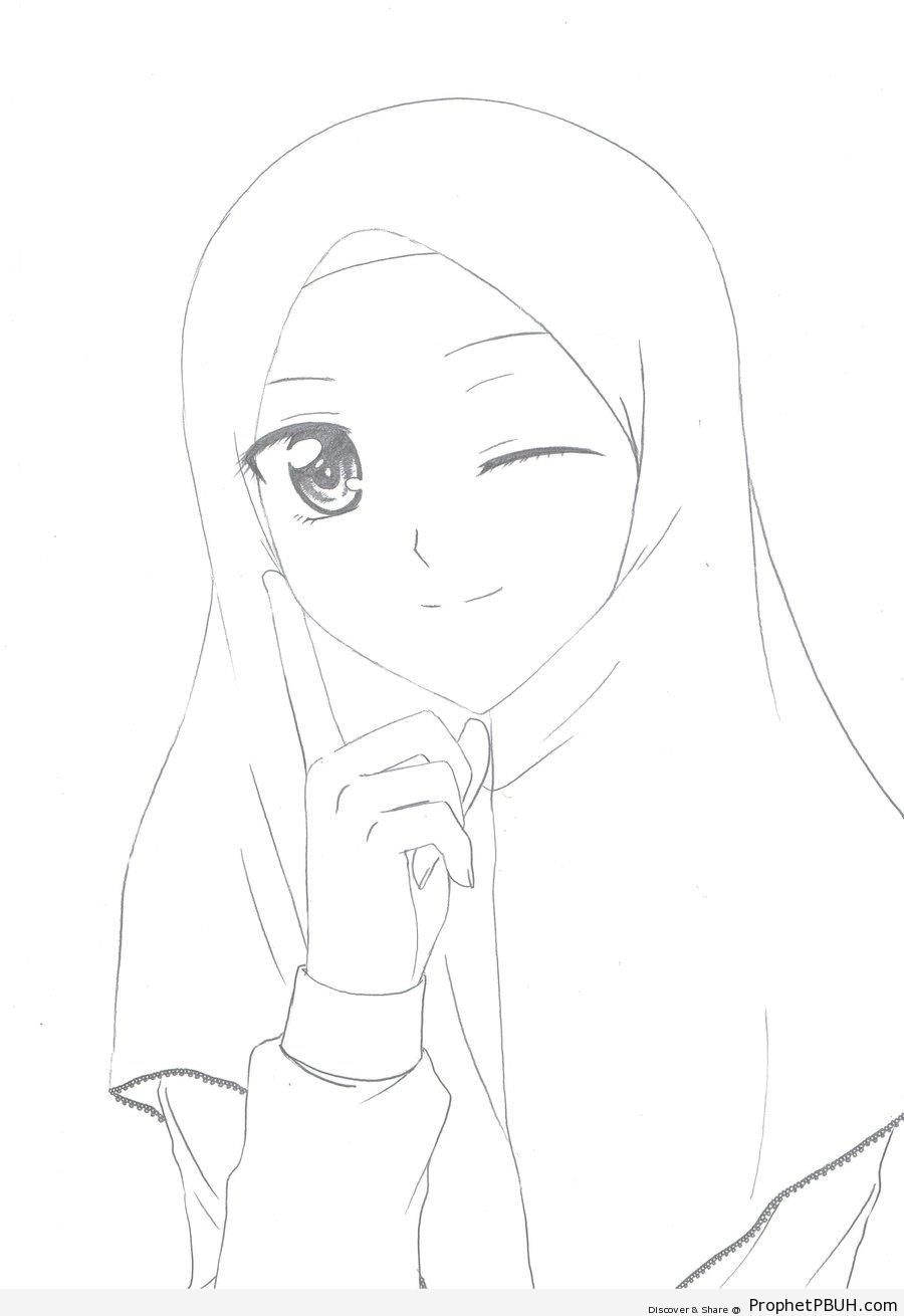 Winking Anime Muslim Girl Line Art - Drawings 